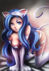 Rule 34 | 1girl, all fours, animal ears, animal hands, bad id, bad pixiv id, blue eyes, blue hair, breasts, capcom, cat ears, cat tail, cleavage, felicia (vampire), hairband, long hair, looking at viewer, matching hair/eyes, nobody studios, parted lips, solo, tail, vampire (game)