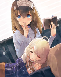 Rule 34 | 10s, ahoge, black hair, blonde hair, blue eyes, book, bookmark, breasts, couch, finger to mouth, hairband, holding, holding book, idolmaster, idolmaster cinderella girls, jewelry, lap pillow, long hair, looking at viewer, low twintails, multiple girls, open mouth, pendant, sagisawa fumika, shawl, sleeping, smile, sweater, tetsujin momoko, twintails, yusa kozue