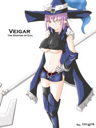 Rule 34 | 1girl, bad id, bad pixiv id, belt, breasts, character name, crop top, english text, gauntlets, gender request, genderswap, groin, hat, highres, large breasts, league of legends, leg armor, mahoy, midriff, navel, aged up, pointy ears, purple hair, shirt, short hair, shorts, shoulder pads, single thighhigh, solo, spikes, staff, taut clothes, taut shirt, thighhighs, underboob, veigar, white background, witch hat, yellow eyes