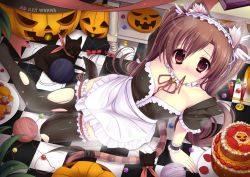 Rule 34 | 1girl, animal ears, bell, between breasts, black thighhighs, blush, breasts, brown eyes, brown hair, caidychen, cake, candle, cat, cat ears, cat tail, cleavage, food, frilled thighhighs, frills, fruit, halloween, highres, jack-o&#039;-lantern, jingle bell, large breasts, long hair, maid, mouth hold, original, pastry, pumpkin, ribbon, slit pupils, solo, strawberry, tail, tail ornament, tail ribbon, thighhighs, torn clothes, torn thighhighs, twintails, yarn, yarn ball