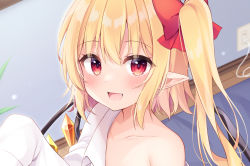 Rule 34 | 1girl, :d, bare shoulders, blonde hair, blurry, blurry background, blush, bow, collarbone, commentary request, cropped, crystal, electrical outlet, fang, flandre scarlet, floppy sleeves, hair between eyes, hair bow, hand up, highres, indoors, looking at viewer, miy@, no headwear, off shoulder, one side up, open mouth, pointy ears, red bow, red eyes, rug, shirt, short hair, sleeves past fingers, sleeves past wrists, smile, solo, touhou, wall, white shirt, wings, wooden floor