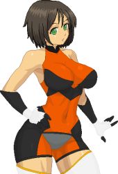 Rule 34 | 1girl, ahoge, aliasing, bare shoulders, black hair, bodysuit, breasts, brown hair, cosplay, covered navel, cowboy shot, elbow gloves, gauntlets, gloves, hand on own hip, honchan, impossible bodysuit, impossible clothes, large breasts, lowres, nchallenge, nchans, pixel art, senki zesshou symphogear, short hair, simple background, solo, standing, tachibana hibiki (symphogear), tachibana hibiki (symphogear) (cosplay), thighhighs, warner, white background