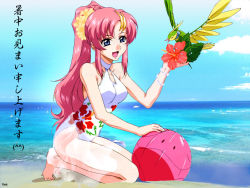 Rule 34 | 00s, 1girl, :d, bare shoulders, barefoot, beach, bird, bird on hand, blue eyes, bracelet, casual one-piece swimsuit, choker, cloud, day, feet, floral print, flower, gundam, gundam seed, hair flower, hair ornament, halterneck, haro, hibiscus, holding, jewelry, kneeling, lacus clyne, legs, long hair, morishita hiromitsu, ocean, official art, official wallpaper, on ground, one-piece swimsuit, open mouth, outdoors, parted bangs, photo background, pink hair, ponytail, profile, robot, sarong, see-through, see-through sarong, shadow, shochuumimai, sky, smile, solo, swimsuit, third-party edit, tiptoes, torii (gundam), turtleneck, very long hair, wallpaper, water, watermark, white one-piece swimsuit