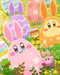 Rule 34 | basket, bird, blue eyes, blush stickers, chick, clover, colorful, easter, easter egg, egg, four-leaf clover, grass, highres, holding, holding basket, kirby, kirby (series), miclot, nintendo, no humans, open mouth, pink footwear, rabbit, shoes, waddle dee, yellow eyes
