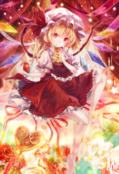 Rule 34 | 1girl, :q, apple, bad id, bad pixiv id, bare legs, barefoot, blonde hair, crystal, dress, flandre scarlet, flower, food, fruit, highres, md5 mismatch, red eyes, short hair, smile, solo, star (symbol), tongue, tongue out, torino aqua, touhou, wings