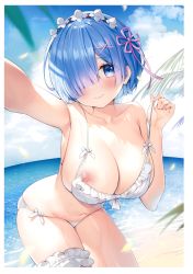 Rule 34 | 1girl, absurdres, armpits, ayamy, bare shoulders, beach, bikini, blue eyes, blue hair, blue sky, blush, breasts, closed mouth, cloud, cloudy sky, collarbone, day, fingernails, frills, hair between eyes, hair ornament, highres, large breasts, lips, looking at viewer, navel, nipple slip, nipples, non-web source, ocean, one breast out, outdoors, pulling own clothes, re:zero kara hajimeru isekai seikatsu, rem (re:zero), scan, shiny skin, short hair, simple background, sky, solo, stomach, swimsuit, thigh strap, water, white bikini, x hair ornament