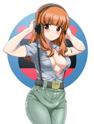 Rule 34 | 1girl, adapted uniform, aoshidan (emblem), aoshidan school uniform, arms up, belt, belt buckle, black belt, blue shirt, blunt bangs, blush, breasts, buckle, closed mouth, collared shirt, commentary, cowboy shot, girls und panzer, green pants, hands on headphones, headphones, headphones around neck, long hair, looking at viewer, medium breasts, orange eyes, orange hair, pants, saitou gabio, school uniform, shirt, short sleeves, smile, solo, standing, suspenders, takebe saori, thigh gap, unbuttoned, unbuttoned shirt, white background