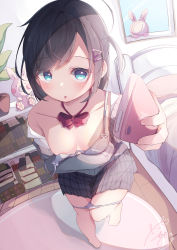 Rule 34 | 1girl, :o, absurdres, ahoge, alarm clock, aqua eyes, areola slip, bed, bed sheet, bedroom, black hair, black skirt, book, book stack, bow, bow bra, bra, breasts, cardigan, cellphone, clock, collarbone, commentary request, fisheye, foreshortening, from above, grey bra, grey cardigan, grey panties, hair ornament, hairclip, highres, holding, holding phone, indoors, komugi (2212), open mouth, original, panties, panty pull, phone, pillow, plant, pleated skirt, potted plant, pussy juice stain, red neckwear, rug, school uniform, selfie, shelf, shirt, signature, skirt, small breasts, smartphone, standing, standing on one leg, strap slip, stuffed animal, stuffed rabbit, stuffed toy, swept bangs, underwear, uniform, white shirt, window, wooden floor