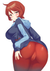 Rule 34 | 1girl, arezu (pokemon), ass, blush, breasts, cameltoe, chakoboshi taro, creatures (company), embarrassed, from behind, game freak, hand on own ass, huge ass, large breasts, leaning, leaning forward, leggings, looking at viewer, looking back, nintendo, pantyhose, pokemon, pokemon legends: arceus, red eyes, red hair, shiny clothes, short hair, sideboob, simple background, skin tight, solo, white background