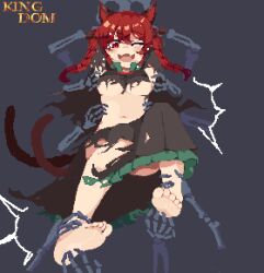 1girl :3 absurdres animal_ears ankle_grab artist_name barefoot black_dress braid breasts cat_ears cat_girl cat_tail dress flying_sweatdrops full_body held_down highres kaenbyou_rin kingdom_(user_ysav4824) one_eye_closed open_mouth pixel_art red_eyes red_hair restrained skull smile soles solo tail tickling tickling_feet torn_clothes torn_dress touhou twin_braids underboob