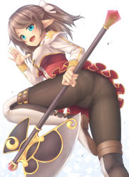 Rule 34 | 1girl, aqua eyes, ass, axe, brown hair, crotch seam, female focus, highres, holding, holding weapon, looking at viewer, open mouth, original, panties, panties under pantyhose, pantyhose, pointy ears, ponytail, sasaame, short hair, solo, thighband pantyhose, underwear, weapon, white background