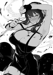 Rule 34 | 1girl, absurdres, arm up, armpits, bare shoulders, blood, bloody weapon, breasts, cleavage, dagger, dress, fingerless gloves, gloves, greyscale, highres, knife, large breasts, long hair, looking at viewer, monochrome, poriuretan, revision, smile, solo, spy x family, thighs, weapon, yor briar
