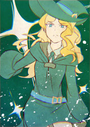 Rule 34 | 10s, 1girl, belt, blonde hair, diana cavendish, green eyes, haru sakurazaki, hat, little witch academia, long hair, looking at viewer, solo, sparkle, witch, witch hat