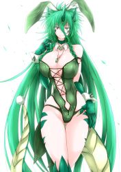 Rule 34 | 1girl, animal ears, bare legs, braid, breasts, claws, cleavage, closed mouth, cross-laced clothes, detached collar, dragon girl, dragon horns, dragon tail, fake animal ears, female focus, g (genesis1556), green eyes, green leotard, green panties, heterochromia, highres, horns, jewelry, karutia (g (genesis1556)), large breasts, leotard, long hair, looking at viewer, matching hair/eyes, monster girl, navel, original, panties, pendant, playboy bunny, rabbit ears, red eyes, simple background, smile, solo, standing, tail, thighs, twin braids, underwear, very long hair, white background, wrist cuffs