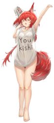 Rule 34 | 1girl, absurdres, animal ears, arknights, arms up, breasts, ear covers, ear tag, flametail (arknights), full body, hair between eyes, highres, long hair, one eye closed, open mouth, orange eyes, panties, ponytail, putcho, red hair, shirt, simple background, single ear cover, small breasts, solo, squirrel ears, squirrel girl, squirrel tail, standing, stretching, t-shirt, tail, underwear, very long hair, white background, white panties, white shirt, yawning