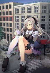 Rule 34 | 1girl, absurdres, aug para (girls&#039; frontline), black footwear, bow, bowtie, building, car, chair, city, coffee, coffee mug, commentary, commission, cup, english commentary, giant, giantess, girls&#039; frontline, hanabusaraleigh, highres, holding, holding cup, long hair, motor vehicle, mug, open mouth, outdoors, pouch, second-party source, shoes, silver hair, single thighhigh, sitting, solo, table, thigh pouch, thighhighs, twintails, white bow, white bowtie, white thighhighs, yellow eyes