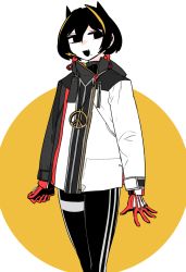 Rule 34 | 1girl, :d, animal ears, black eyes, black hair, black pants, cat ears, colored skin, earrings, fang, gloves, idkuroi, jacket, jewelry, kokubunji suou, looking at viewer, medium hair, mole, mole under mouth, open mouth, original, pants, peace medal, peace symbol, red gloves, skin fang, smile, solo, standing, track pants, white jacket, white skin