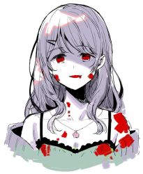 Rule 34 | 1girl, blood, blood on clothes, blood on face, camisole, collarbone, cropped torso, flower, flower necklace, hair ornament, hairclip, jacket, jewelry, long hair, looking at viewer, meito (maze), monochrome, morinaka kazaki, necklace, nijisanji, off shoulder, open clothes, open jacket, red eyes, simple background, solo, upper body, virtual youtuber, white background