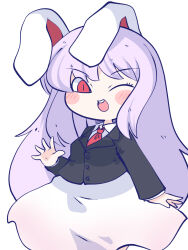 Rule 34 | 1girl, ;d, animal ears, black jacket, blush, chahan (fried rice0614), collared shirt, commentary, highres, jacket, long hair, long sleeves, looking at viewer, necktie, one eye closed, open mouth, pink skirt, purple hair, rabbit ears, rabbit girl, red necktie, reisen udongein inaba, shirt, simple background, skirt, smile, solo, teeth, touhou, upper teeth only, white background, white shirt