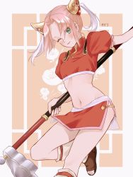 Rule 34 | 1girl, ;), bad id, bad pixiv id, blush, brown footwear, closed mouth, cosplay request, crop top, green eyes, hair between eyes, hair tubes, haruno sakura, highres, holding, holding polearm, holding weapon, leg up, looking at viewer, manbou 0328, midriff, naruto (series), navel, one eye closed, pink hair, polearm, short hair, short sleeves, side slit, smile, solo, stomach, weapon, white legwear