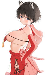 Rule 34 | 1girl, animal ear fluff, animal ears, bare shoulders, black hair, blue archive, blue eyes, blush, bow, bowtie, breasts, commentary, dorok, elbow gloves, gloves, highres, looking at viewer, medium breasts, midriff, parted lips, pleated skirt, red gloves, red skirt, revealing clothes, rope, rope belt, sailor collar, short hair, sideboob, simple background, skirt, solo, tsubaki (blue archive), white background