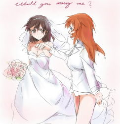 Rule 34 | 2girls, bad id, bad pixiv id, bouquet, bridal veil, bride, brown hair, charlotte e. yeager, dress, elbow gloves, english text, flower, formal, gertrud barkhorn, gloves, holding hands, highres, kisetsu, long hair, multiple girls, orange hair, smile, strike witches, suit, veil, wedding, wedding dress, wife and wife, world witches series, yuri