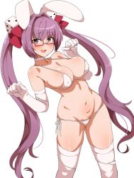 Rule 34 | 1girl, absurdres, animal ears, bespectacled, bikini, blush, breasts, choker, covered erect nipples, di gi charat, dice, dice hair ornament, elbow gloves, glasses, gloves, hair ornament, hair ribbon, highres, large breasts, long hair, open mouth, purple eyes, purple hair, rabbit ears, red-framed eyewear, ribbon, seihekiog, side-tie bikini bottom, simple background, solo, sweat, swimsuit, thighhighs, twintails, usada hikaru, white background, white bikini, white choker, white gloves, white thighhighs