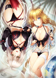Rule 34 | 2girls, ;), bambi nano, bikini, black bikini, black choker, black gloves, black jacket, blonde hair, blush, braid, breasts, bridal garter, choker, cleavage, closed mouth, cropped jacket, fate/grand order, fate (series), from above, front-tie bikini top, front-tie top, gloves, hair between eyes, hood, hoodie, jacket, jeanne d&#039;arc alter (swimsuit berserker) (fate), jeanne d&#039;arc (fate), jeanne d&#039;arc (ruler) (fate), jeanne d&#039;arc (swimsuit archer) (fate), jeanne d&#039;arc (swimsuit archer) (first ascension) (fate), jeanne d&#039;arc alter (fate), jeanne d&#039;arc alter (swimsuit berserker) (fate), large breasts, long braid, long hair, looking at viewer, lying, multiple girls, navel, o-ring, o-ring bikini, on back, one eye closed, open clothes, open hoodie, open mouth, pale skin, partially submerged, red legwear, rotational symmetry, see-through, shrug (clothing), silver hair, single braid, single thighhigh, smile, swimsuit, thigh strap, thighhighs, very long hair, water, wet, wet clothes, yellow eyes