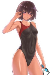 Rule 34 | 1girl, aged up, bare shoulders, black one-piece swimsuit, blush, breasts, brown hair, collarbone, competition swimsuit, covered navel, curvy, goggles, highleg, highleg swimsuit, highres, higofushi, looking at viewer, medium breasts, mizuki yukikaze, mizuki yukikaze (future), one-piece swimsuit, purple eyes, shiny skin, short hair, simple background, smile, swimsuit, taimanin (series), taimanin yukikaze, tan, thighs, white background