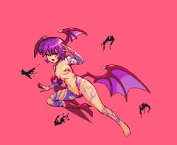 Rule 34 | 1girl, breasts, fang, hands up, head wings, leg up, lilith aensland, low wings, navel, noscium, open mouth, pixel art, purple background, purple hair, red eyes, short hair, simple background, small breasts, smile, solo, torn clothes, vampire (game), wings