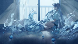 Rule 34 | 1girl, barefoot, blue hair, blue theme, closed eyes, curtains, fantasy, from side, official art, original, potg (piotegu), shirt, sitting, solo, t-shirt, water, white shirt, window
