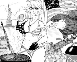 Rule 34 | &#039;murica, 1girl, absurdres, american flag, american flag bikini, american flag print, bald eagle, battle rifle, bb (baalbuddy), beer can, bikini, bird, breasts, bucket, bucket of chicken, budweiser, burger, can, chicken (food), cigarette, coca-cola, commentary, cooking, dog tags, drink can, eagle, english commentary, female focus, fingerless gloves, flag print, food, fried chicken, gloves, greyscale, grill, grilling, gun, highres, holding, holding tongs, hot dog, iowa (kancolle), jewelry, kantai collection, kfc, large breasts, light machine gun, long hair, m14, m249, machine gun, monochrome, navel, necklace, print bikini, propane tank, rifle, smoking, soda bottle, solo, star-shaped pupils, star (symbol), statue of liberty, stomach, swimsuit, symbol-shaped pupils, tongs, united states, weapon