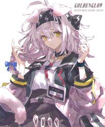 Rule 34 | 1girl, absurdres, animal ears, antenna hair, arknights, black collar, black hairband, black skirt, blue bow, bow, braid, cat ears, cat girl, cat tail, character name, chinese commentary, chromatic aberration, coat, collar, commentary request, cowboy shot, english text, goldenglow (arknights), hair between eyes, hair bow, hairband, high-waist skirt, highres, holding, holding own hair, holding scissors, id card, lightning bolt print, long hair, long sleeves, looking at viewer, multicolored coat, muzijing, open clothes, open coat, parted lips, pink hair, scissors, shirt, side braid, simple background, skirt, smile, solo, tail, two-tone coat, white background, white shirt, yellow eyes