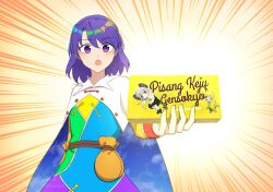 Rule 34 | 1girl, cape, emphasis lines, highres, holding, looking at viewer, meme, multicolored clothes, nyon (cookie), open mouth, purple eyes, purple hair, restra25, sad banana cat (meme), short hair, sky print, solo, tenkyuu chimata, touhou, white cape