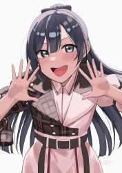 Rule 34 | 1girl, absurdres, belt, black hair, blush, brown belt, cherry bomb (love live!), grey eyes, hair between eyes, highres, jacket, long hair, looking at viewer, love live!, love live! nijigasaki high school idol club, masami atabe, multicolored clothes, multicolored jacket, open mouth, ponytail, sidelocks, solo, teeth, upper body, upper teeth only, white background, yuki setsuna (love live!)