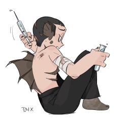 Rule 34 | 1girl, animal feet, bandaged arm, bandages, black hair, black pants, blood, bloody bandages, blue eyes, brown nails, buzz cut, commentary request, fins, fish girl, full body, gills, gunshot wound, hands up, head fins, highres, holding, holding syringe, holding test tube, kimsuseu, knees up, korean commentary, korean text, monster girl, open mouth, original, pants, reverse trap, scar, scar on back, scar on head, short hair, simple background, sitting, solo, spines, syringe, test tube, topless, translation request, very short hair, white background