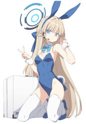 Rule 34 | 1girl, animal ears, aqua bow, aqua bowtie, bare shoulders, blonde hair, blue archive, blue eyes, blue footwear, blue leotard, bow, bowtie, braid, breasts, cleavage, closed mouth, collarbone, detached collar, fake animal ears, french braid, full body, hair bow, halo, high heels, highres, kneeling, leotard, long hair, looking at viewer, medium breasts, official alternate costume, playboy bunny, rabbit ears, rabbit tail, satou kibi, solo, strapless, strapless leotard, tail, thighhighs, toki (blue archive), toki (bunny) (blue archive), v, very long hair, white thighhighs, white wrist cuffs, wrist cuffs