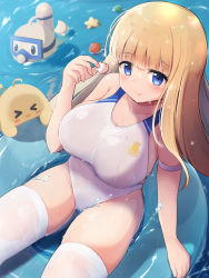 Rule 34 | 1girl, arm strap, azur lane, blonde hair, blue eyes, blush, breasts, cleavage, closed mouth, collarbone, commentary, competition swimsuit, covered navel, day, from above, highres, icarus (azur lane), icarus (nereid&#039;s discovery) (azur lane), innertube, large breasts, long hair, looking at viewer, manjuu (azur lane), nekonetoru take, one-piece swimsuit, outdoors, seashell, shell, smile, solo, sunlight, swim ring, swimsuit, thighhighs, water, wet, wet clothes, wet swimsuit, white one-piece swimsuit, white thighhighs