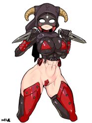 Rule 34 | 1girl, :3, abs, armor, blush, bright pupils, closed mouth, commentary, cropped legs, dagger, dovahkiin, dovakini-chan, dual wielding, english commentary, fake horns, gauntlets, helmet, highres, holding, holding dagger, holding knife, holding weapon, horned helmet, horns, knife, looking at viewer, maebari, muscular, muscular female, navel, nisetanaka, orange hair, revealing clothes, reverse grip, signature, simple background, smile, solo, stomach, symbol-only commentary, the elder scrolls, the elder scrolls v: skyrim, thick outlines, weapon, white background, white pupils