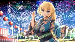 Rule 34 | 1girl, blonde hair, blue eyes, braid, fate/grand order, fate (series), fireworks, hair between eyes, hand up, highres, japanese clothes, jeanne d&#039;arc (fate), jeanne d&#039;arc (ruler) (fate), kimono, lantern, long hair, looking at viewer, multicolored clothes, nuts (hazel-nuts), open mouth, outdoors, sash, smile, solo, upper body