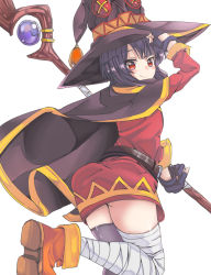 Rule 34 | 10s, 1girl, ass, asymmetrical legwear, bandaged leg, bandages, belt, black gloves, black hair, black thighhighs, blush, boots, cape, closed mouth, dress, female focus, fingerless gloves, from behind, gloves, hand on headwear, hat, highres, holding, holding staff, holding weapon, kono subarashii sekai ni shukufuku wo!, long sleeves, looking at viewer, looking back, megumin, red dress, red eyes, shoes, short dress, short hair, simple background, single thighhigh, smile, solo, staff, thighhighs, uneven legwear, weapon, white background, witch hat