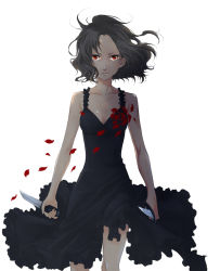 Rule 34 | 00s, baccano!, bad id, bad pixiv id, beri, black hair, chane laforet, cowboy shot, dress, knife, petals, red eyes, simple background, solo, white background