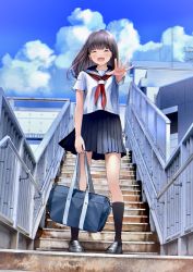 Rule 34 | 1girl, ^ ^, bad id, bad pixiv id, bag, black footwear, black socks, chikuwa (odennabe), closed eyes, commentary request, day, holding, holding bag, kneehighs, long hair, neckerchief, open mouth, original, outdoors, outstretched hand, pedestrian bridge, pleated skirt, radio antenna, railing, red neckerchief, school bag, school uniform, serafuku, shoes, short sleeves, skirt, smile, socks, solo, stairs, standing