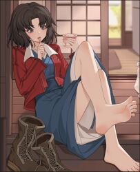 Rule 34 | 1girl, barefoot, blue kimono, boots, unworn boots, brown hair, eating, fate/grand order, fate (series), feet, food, ice cream, ice cream cup, jacket, japanese clothes, kara no kyoukai, kimono, on floor, red jacket, ryougi shiki, sitting, soles, solo, toes, xssh
