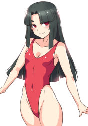 Rule 34 | 1girl, black hair, blunt bangs, breasts, covered navel, cowboy shot, hai (h81908190), highleg, highleg swimsuit, looking at viewer, one-piece swimsuit, original, red eyes, red one-piece swimsuit, simple background, small breasts, smile, solo, standing, swimsuit, thick eyebrows, white background