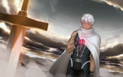 Rule 34 | 1boy, archer (fate), cape, dark-skinned male, dark skin, fate/stay night, fate (series), gradient background, holding, holding jewelry, jewelry, kotera ryou, male focus, muscular, necklace, pendant, planted, planted sword, planted weapon, sleeveless, solo, sword, unlimited blade works (fate), weapon, white hair