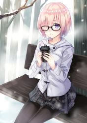Rule 34 | 1girl, bad id, bad pixiv id, bare tree, bench, black pantyhose, black skirt, blush, coat, coffee cup, commentary request, cup, disposable cup, duffel coat, fate/grand order, fate (series), hair over one eye, hands up, harimoji, highres, legs together, light purple hair, light smile, looking at viewer, mash kyrielight, mash kyrielight (fgo x lawson), miniskirt, official alternate costume, outdoors, pantyhose, park bench, parted lips, pink hair, plaid, plaid skirt, pleated skirt, purple eyes, short hair, skirt, smile, snow, solo, tareme, tree