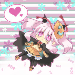 Rule 34 | 1girl, alternate costume, alternate hairstyle, bat wings, black thighhighs, bow, candy, cape, expressionless, food, hair ornament, halloween costume, hata no kokoro, head wings, heart, highres, long hair, long sleeves, mask, midriff, milkpanda, mouth mask, navel, open mouth, pink eyes, pink hair, shirt, skirt, solo, spoken heart, striped, striped background, thighhighs, touhou, twintails, very long hair, wings, zettai ryouiki
