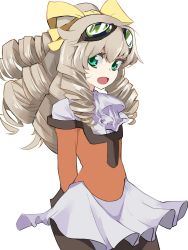Rule 34 | 1girl, blaze (blazeillust), bow, dress, drill hair, goggles, goggles on head, green eyes, grey hair, hair bow, highres, long hair, looking at viewer, maria balthasar, open mouth, pantyhose, simple background, skirt, smile, solo, white background, xenogears, yellow bow