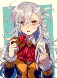 Rule 34 | 1girl, antenna hair, ascot, blush, braid, brooch, buttons, candy, chocolate, chocolate heart, commentary request, crossed bangs, fate/grand order, fate (series), food, frilled sleeves, frills, grey hair, hair between eyes, heart, hmsj yr my, holding, holding chocolate, holding food, index finger raised, jewelry, long hair, long sleeves, looking at viewer, olga marie animusphere, pointing, pointing at self, red ascot, side braid, solo, sweatdrop, very long hair, yellow eyes
